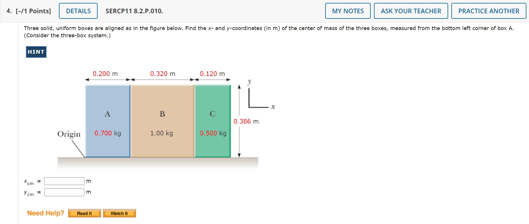  4. [-/1 Points] DETAILS SERCP11 8.2.P.010. MY NOTES ASK YOUR TEACHER