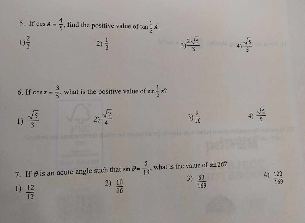 Double & half angle 5. If cos A = find the positive