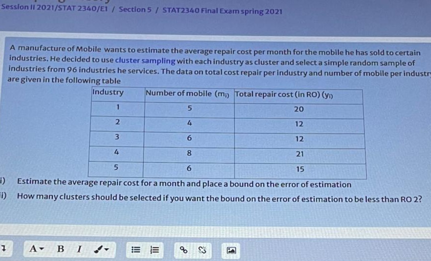 Sample random Session II 2021/STAT 2340/E1 / Section 5 / STAT2340 Final