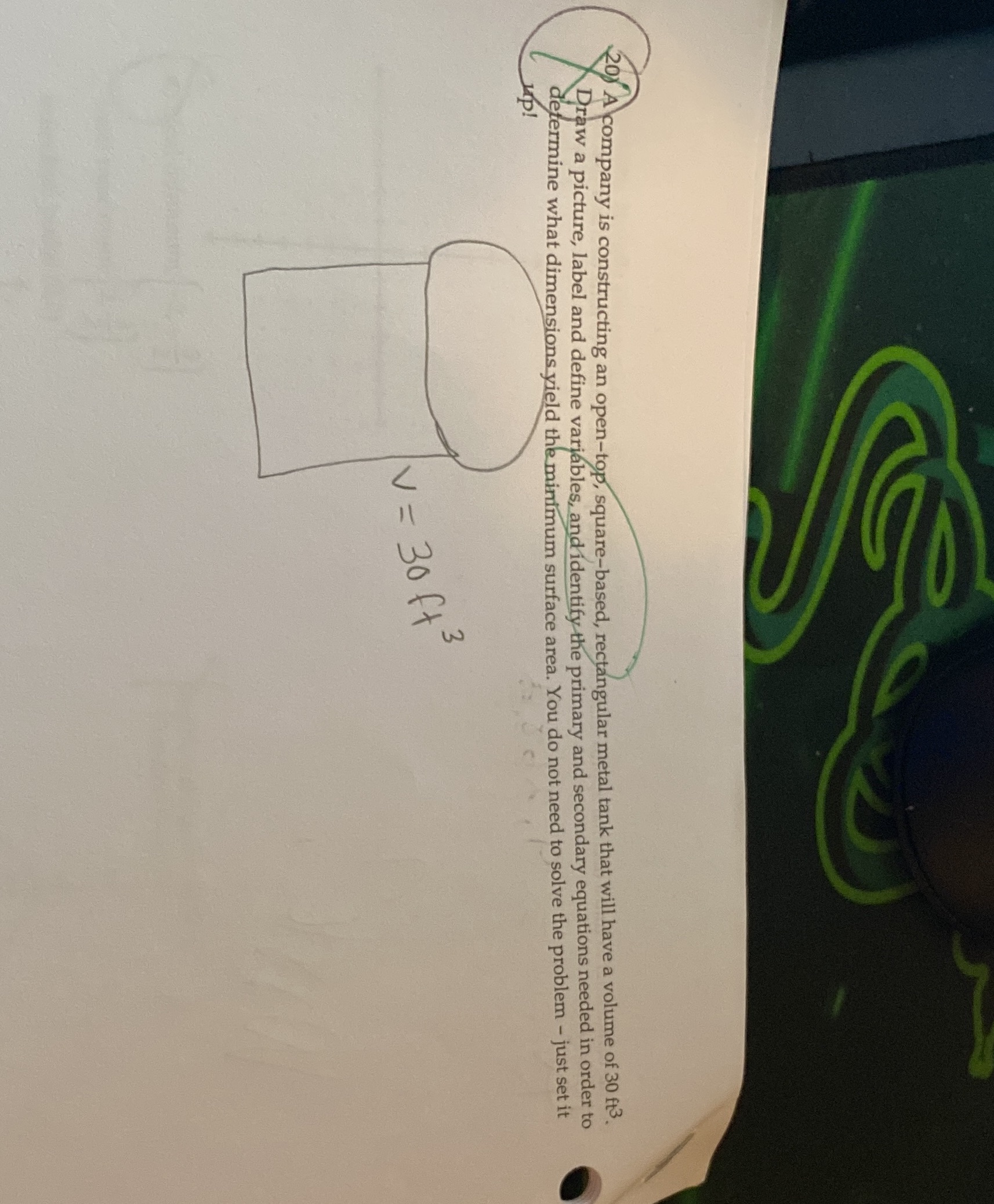  A company is constructing an open-top, square-based, rectangular metal tank that