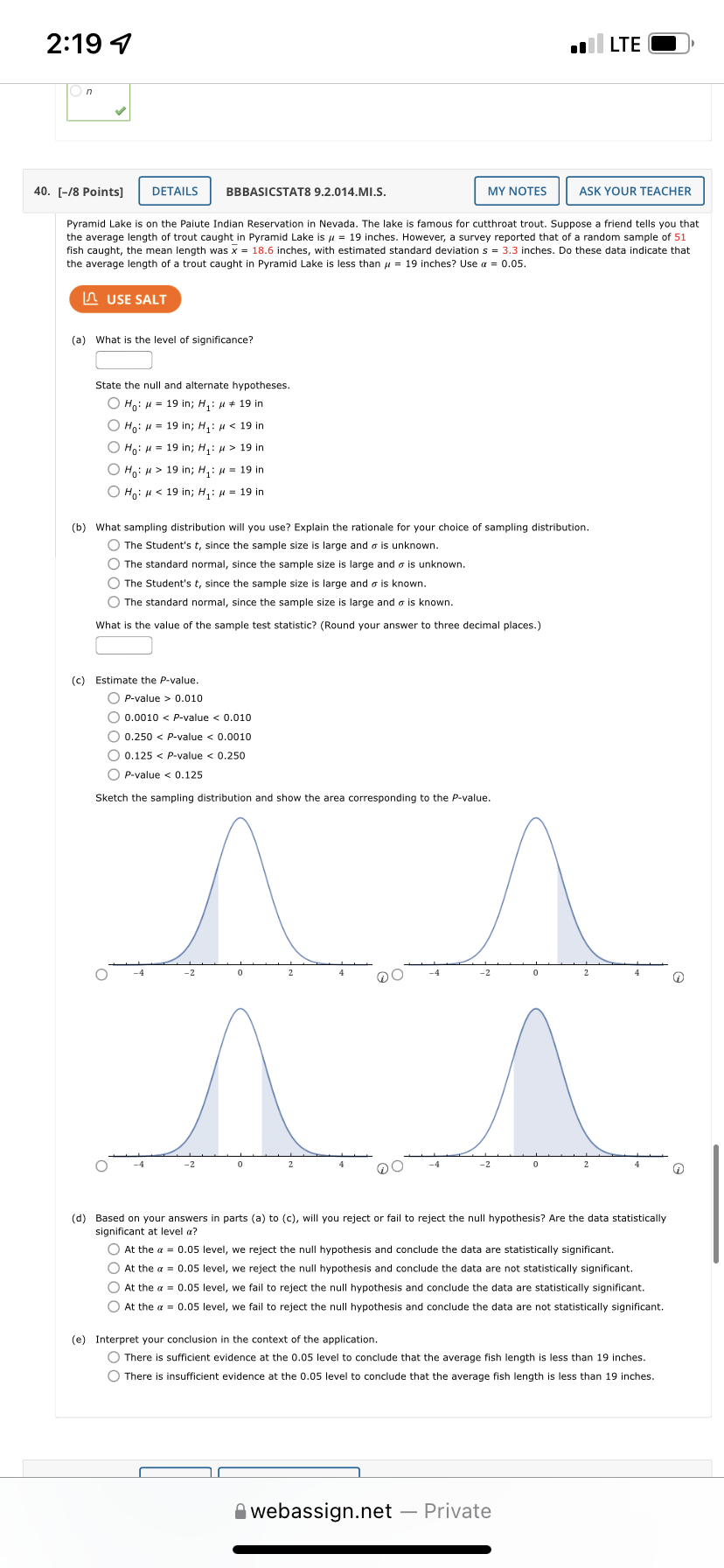 2:19 4 LTE 40. [-/8 Points] DETAILS BBBASICSTAT8 9.2.014.MI.S. MY NOTES