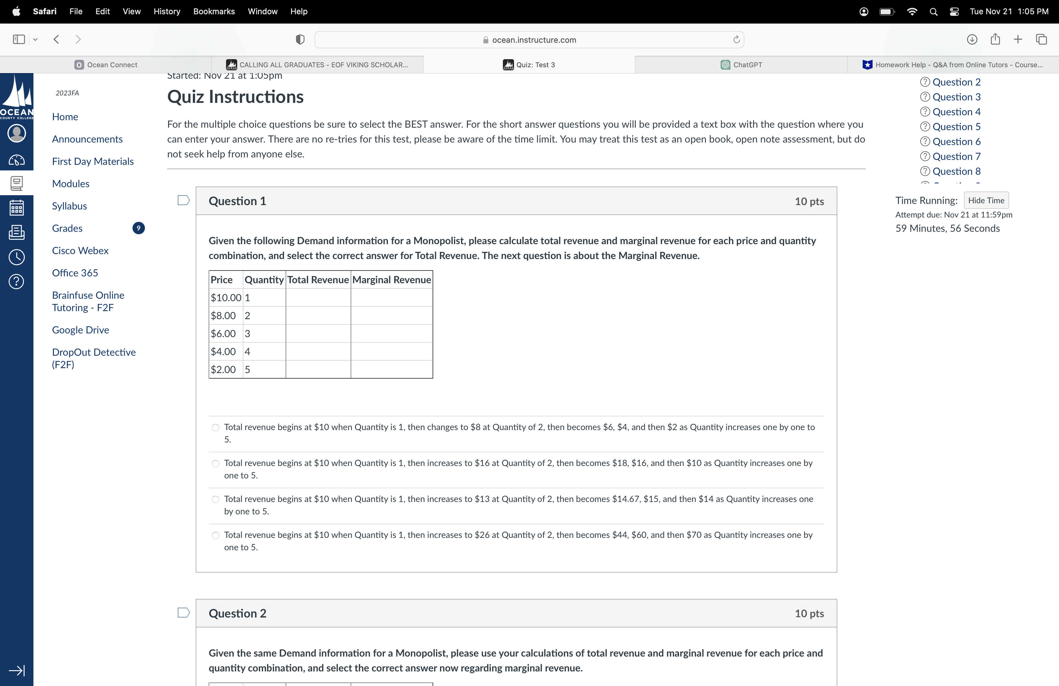 Safari File Edit View History Bookmarks Window Help ocean.instructure.com Quiz: Test 3