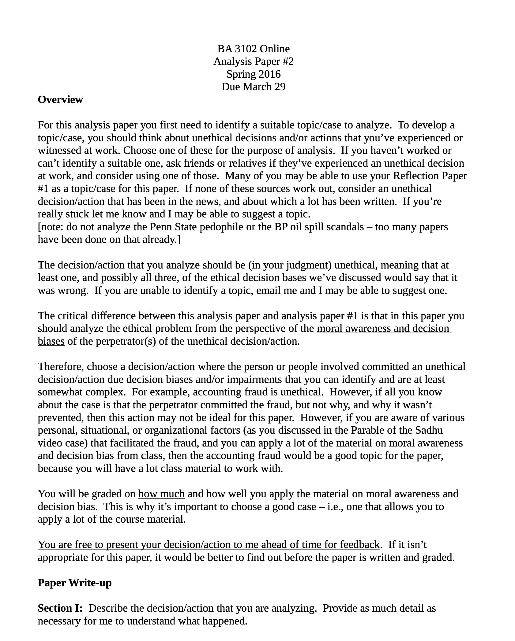  BA 3102 Online Analysis Paper #2 Spring 2016 Due March 29