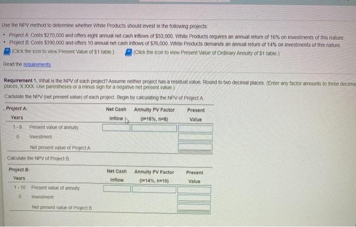  . Use the NPV method to determine whether White Products should