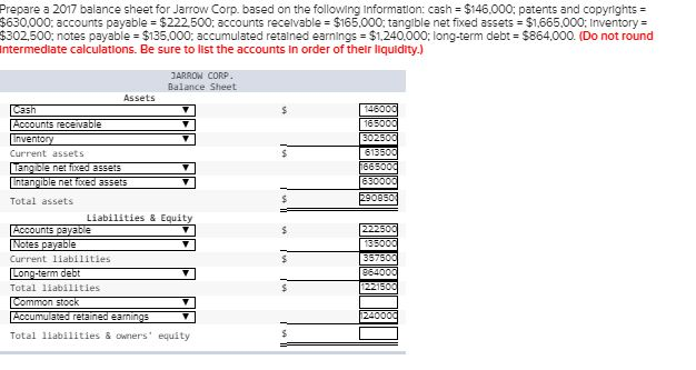 Prepare a 2017 balance sheet for Jarrow Corp. based on the following
