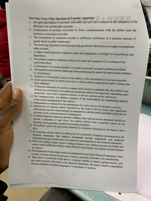  auditing Part One: True / False Questions (2.5 marks/ question) 1.