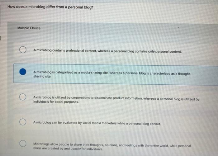  How does a microblog differ from a personal blog? Multiple Choice
