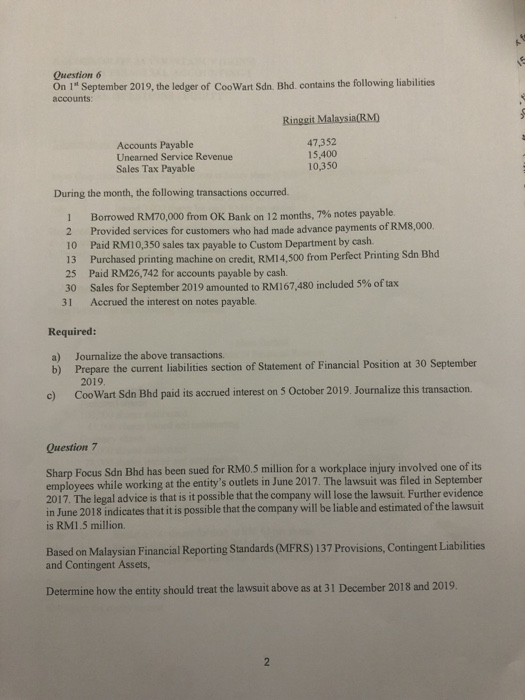  Question 6 On 1" September 2019, the ledger of CooWart Sdn.