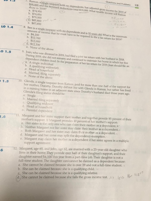  Questions and Problems V. Ramon, a single taxpayer with no dependents,