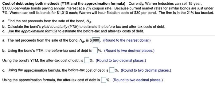  Cost of debt using both methods (YTM and the approximation formula)