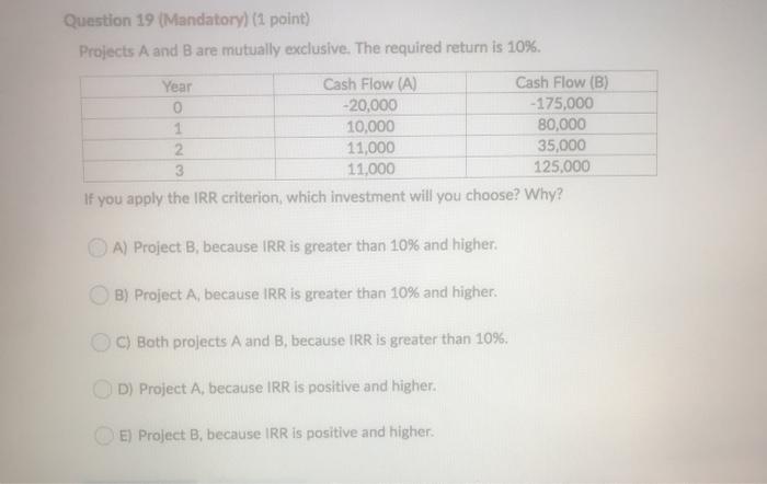  Question 19 (Mandatory) (1 point) Projects A and B are mutually