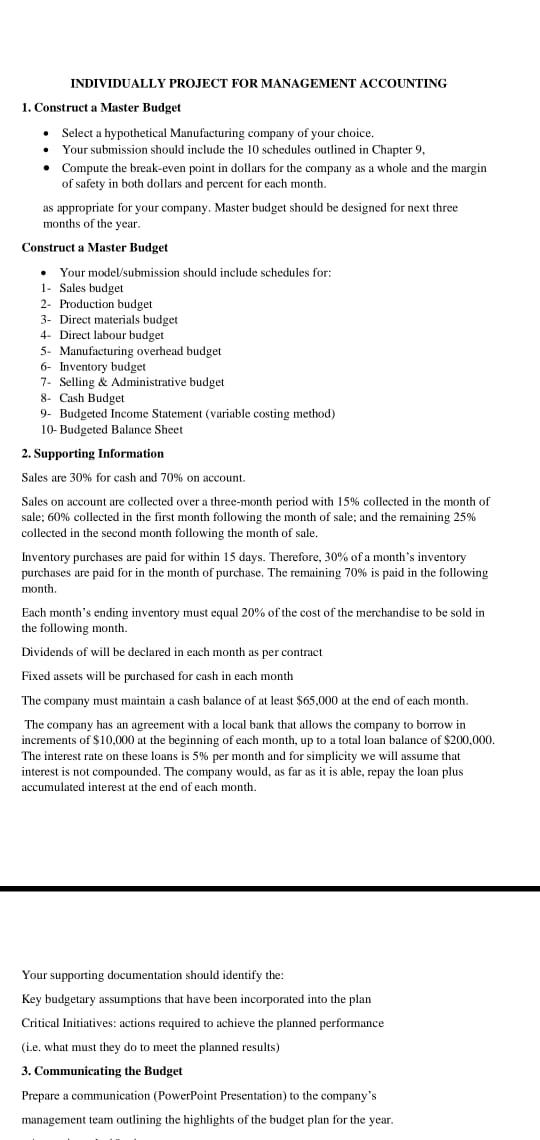 Managerial accounting project INDIVIDUALLY PROJECT FOR MANAGEMENT ACCOUNTING 1. Construct a Master
