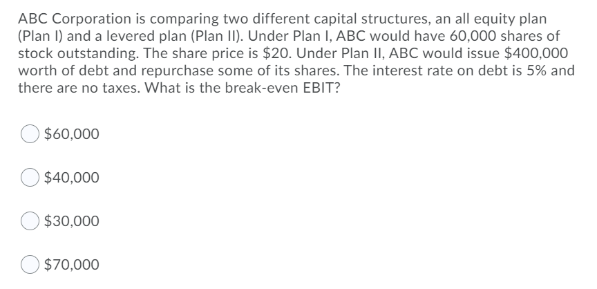  ABC Corporation is comparing two different capital structures, an all equity