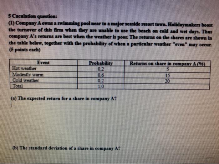  5 Caculation question: (1) Company A owns a swimming pool near