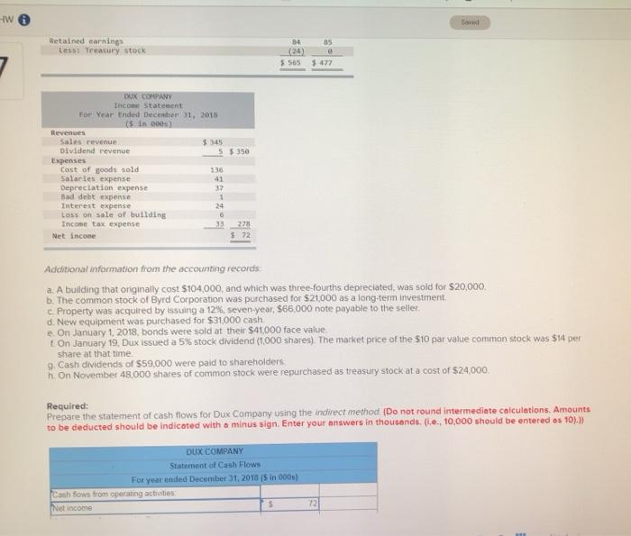 statement of income for 2018 are given below for Dux Company Additional