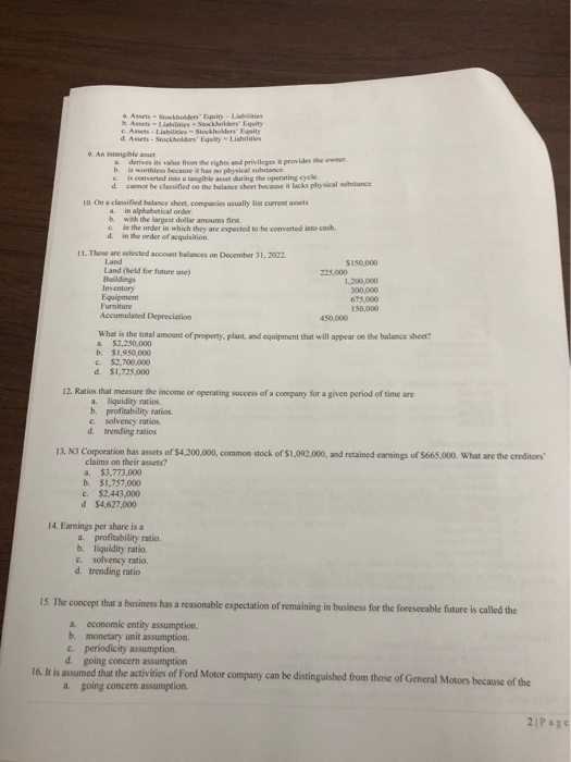  a. Asses Stockholders Equity- L e s c. Assets - Llabilities