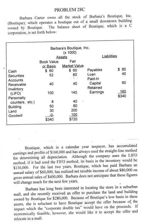  PROBLEM 28C Barbara Carter owns all the stock of Barbara's Boutique,