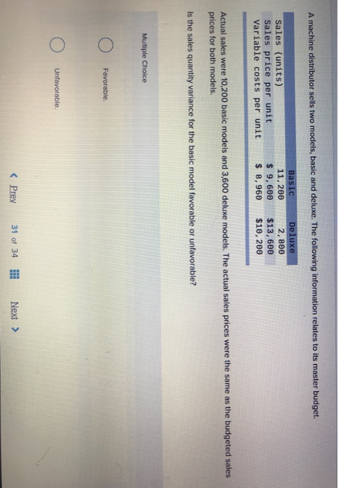  A machine distributor sells two models, basic and deluxe. The following