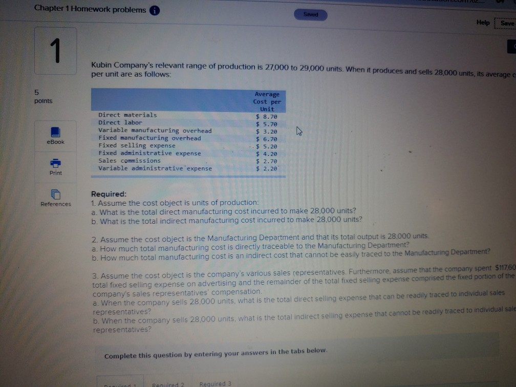 ULU Chapter 1 Homework problems Saved Help Save Kubin Company's relevant