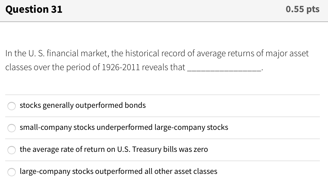 Question 31 0.55 pts In the U. S. financial market, the