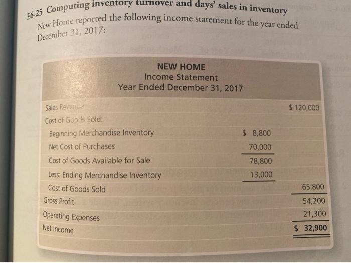  E6-25 Computing inventory turnover and days' sales in inventory New Home