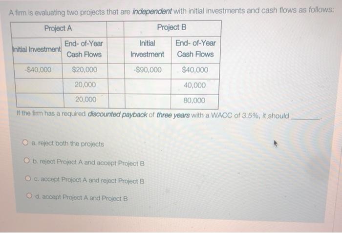  A firm is evaluating two projects that are independent with initial