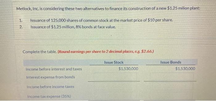  Metlock, Inc. is considering these two alternatives to finance its construction