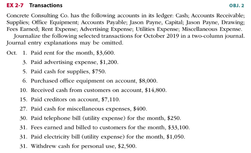 I need help answering these questions: EX 2-7 Transactions OBJ. 2 Concrete