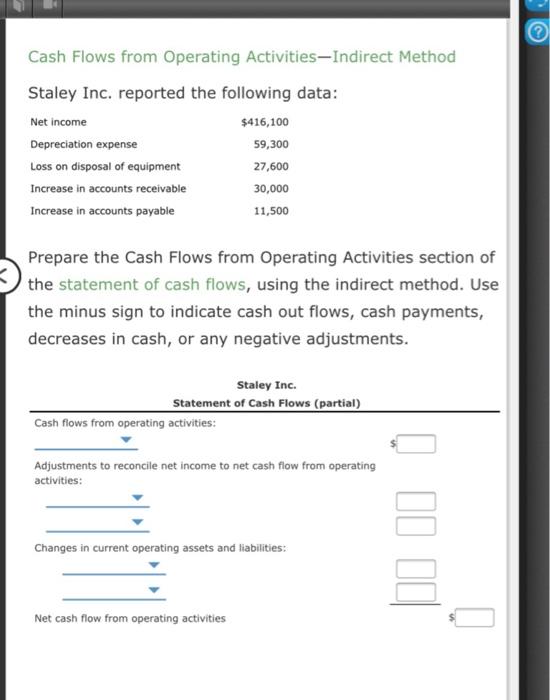  Cash Flows from Operating Activities, Indirect Method Staley Inc. reported the