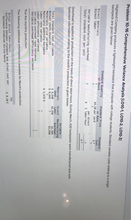  Problem 10-16 Comprehensive Variance Analysis (L010-1, LO10-2, LO10-3) Highland Company produces