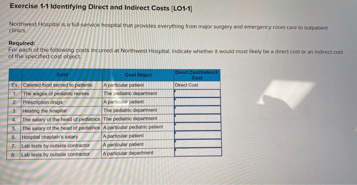 neep help please Exercise 1-1 Identifying Direct and Indirect Costs [LO1-1] Northwest
