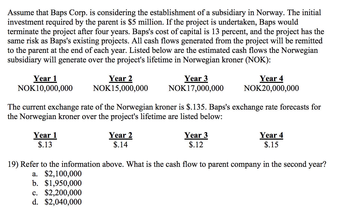  Assume that Baps Corp. is considering the establishment of a subsidiary