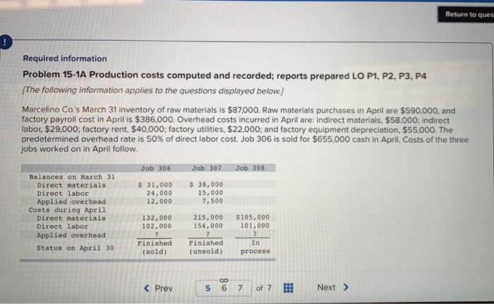 Return to ques Required information Problem 15-1A Production costs computed and