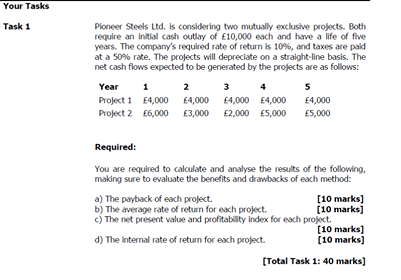 Your Tasks Task 1 Pioneer Steels Ltd. is considering two mutually