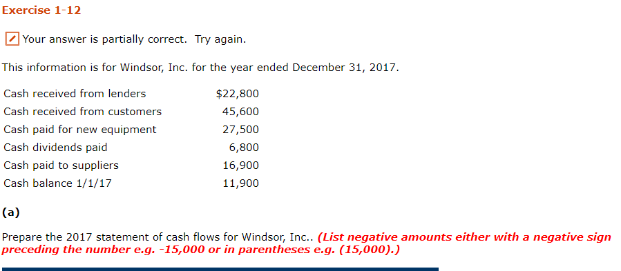 Exercise 1-12 Your answer is partially correct. Try again. This information