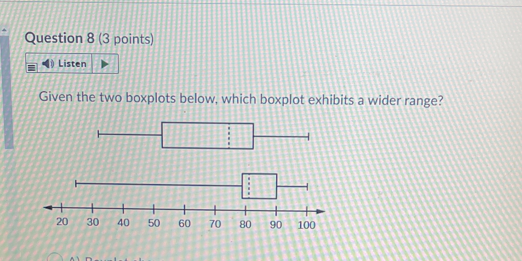  Question 8 (3 points) Listen Given the two boxplots below, which