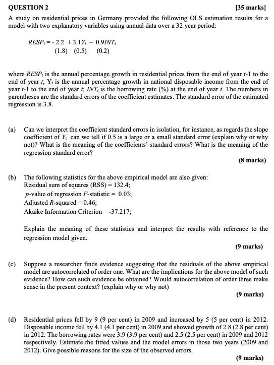  QUESTION 2 [35 marks] A study on residential prices in Germany
