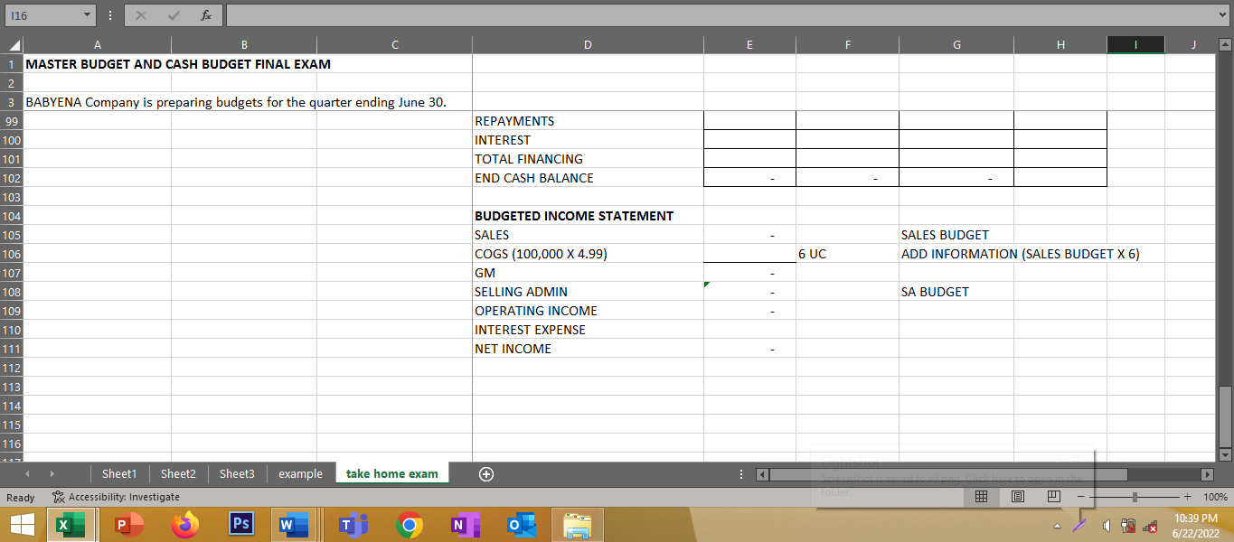 MASTER BUDGET AND CASH BUDGET FINAL EXAM 2 3 BABYENA Company is