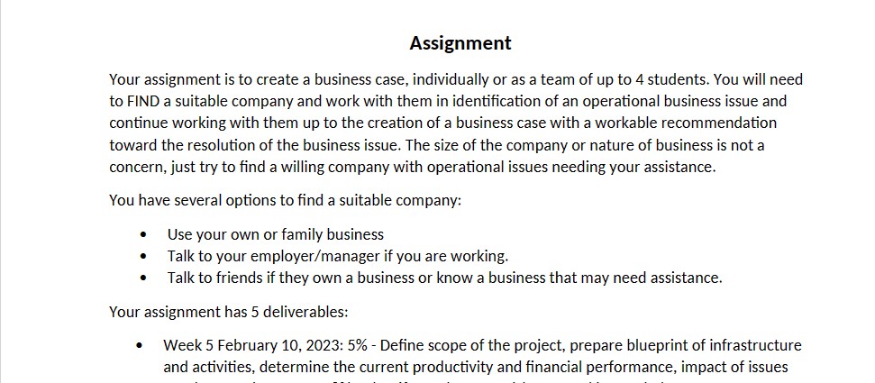 Assignment Your assignment is to create a business case, individually or