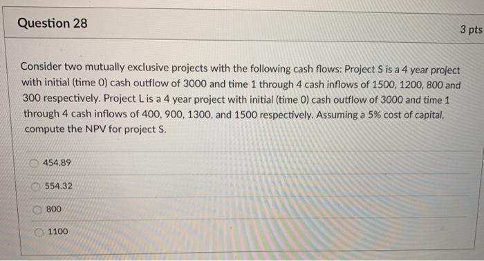  Question 28 3 pts Consider two mutually exclusive projects with the