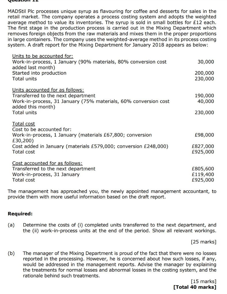  QuesLIUI 12 MADStil Plc processes unique syrup as flavouring for coffee