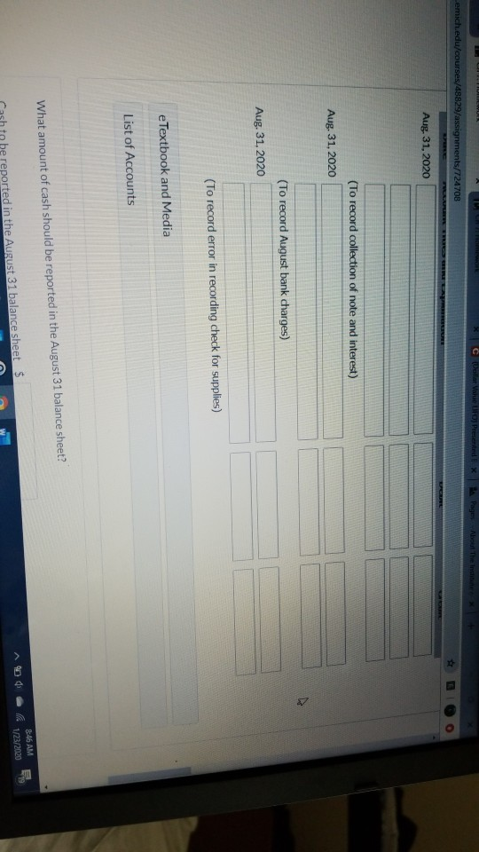 Note collected for depositor, including $65 interest Checks cleared during August Bank