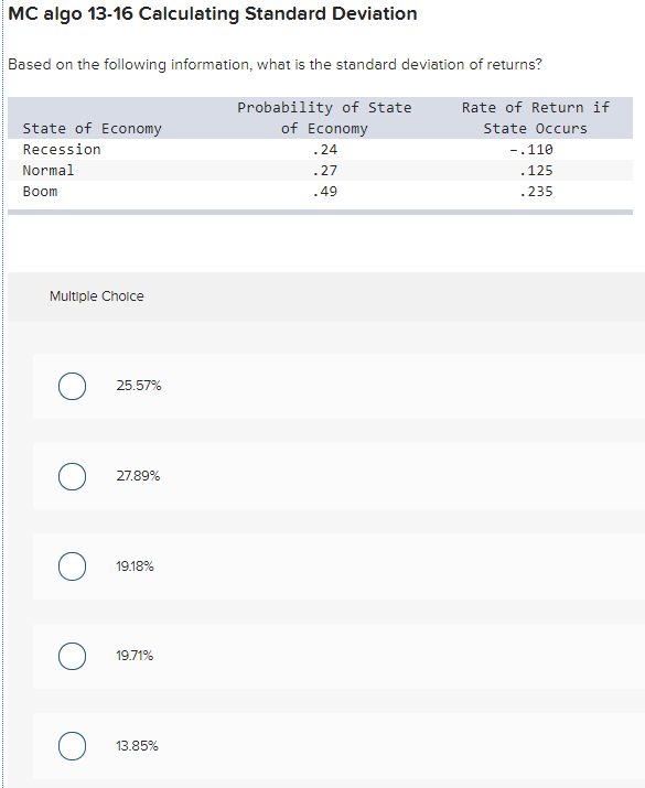 MC algo 13-16 Calculating Standard Deviation Based on the following information,