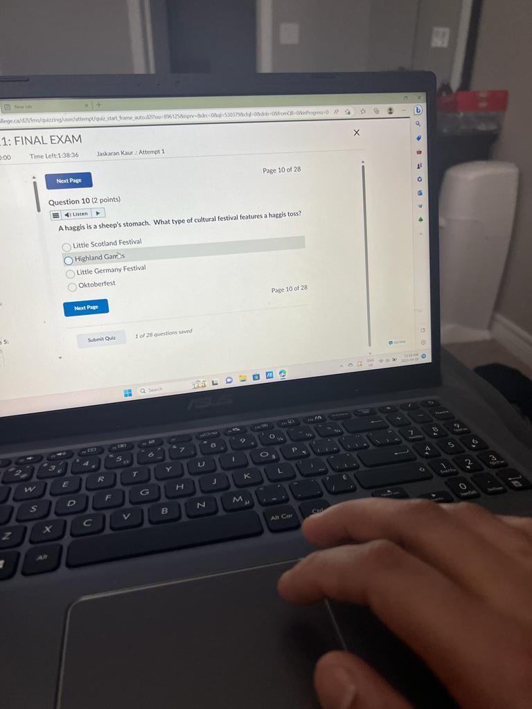  1: FINAL EXAM b :00 Time Left:1:38:36 Jaskaran Kaur # Attempt