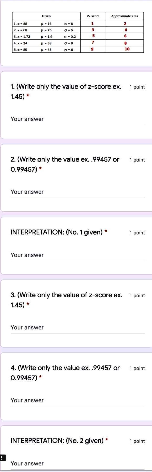 | Your answer 9. (Write only the value of zscore ex. 1
