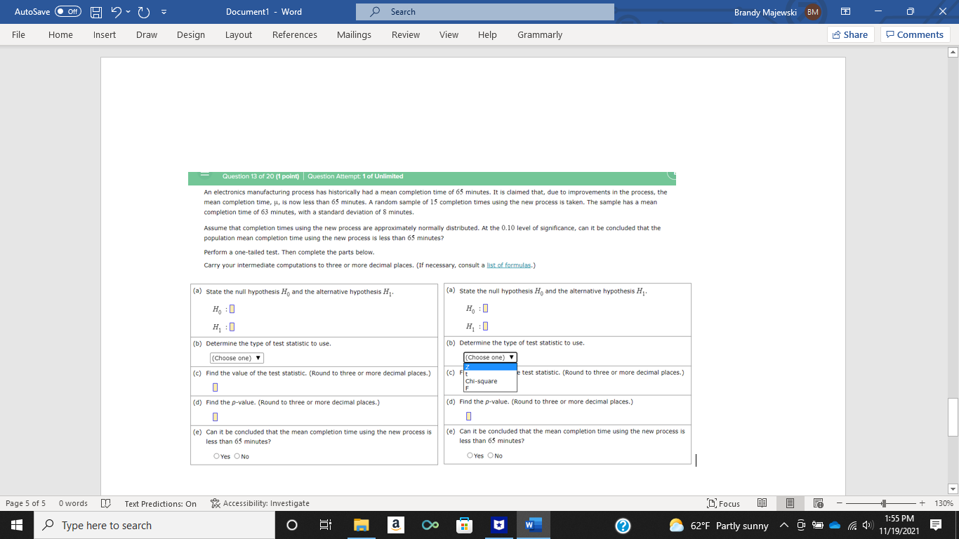  AutoSave O Off) Document1 - Word Search Brandy Majewski BM X