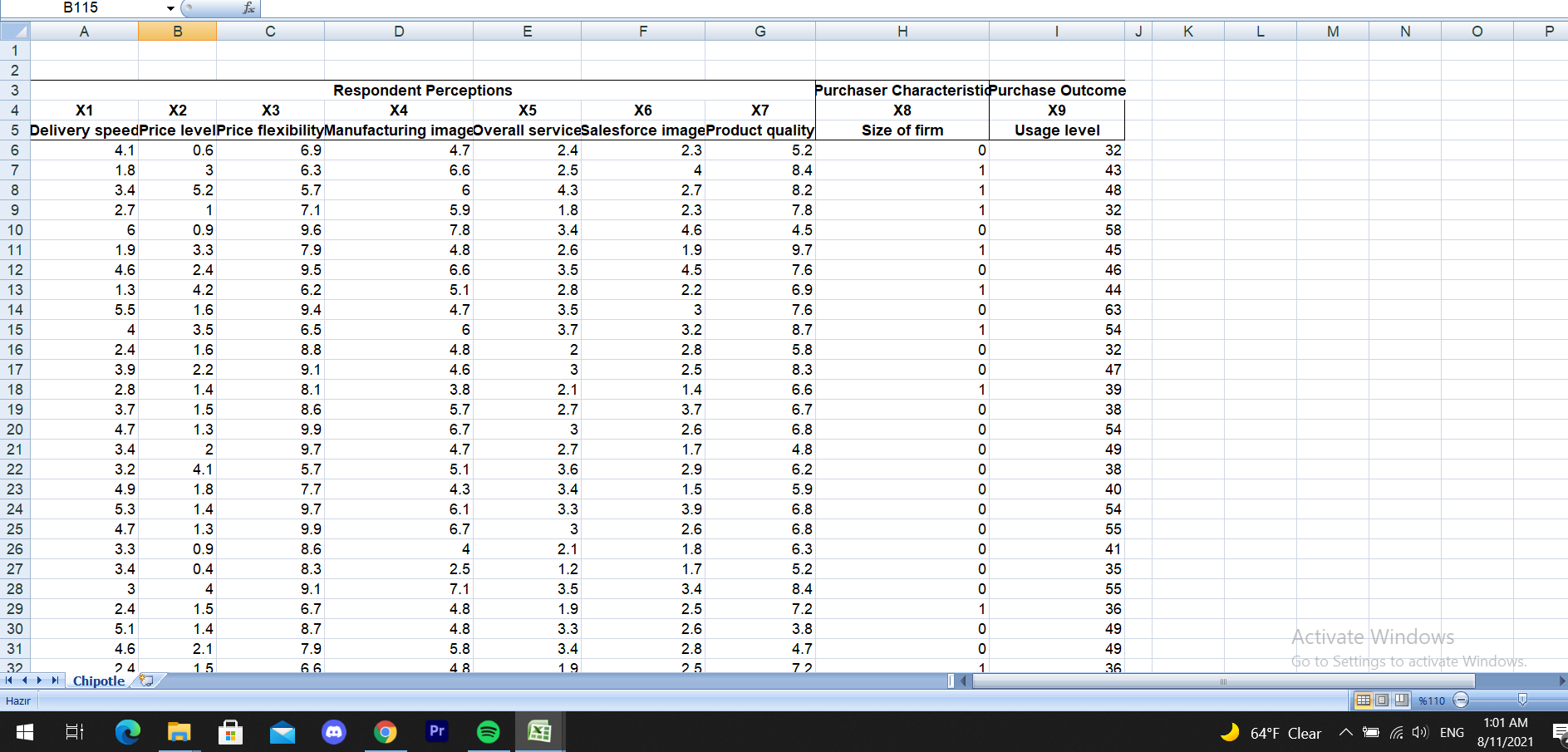 The Excel file Chipotle provided in the corresponding assignment link consists of
