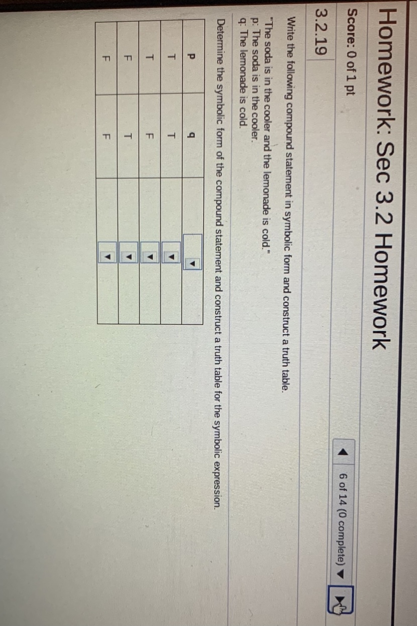 a truth table for the given statement. -pvq Fill in the truth