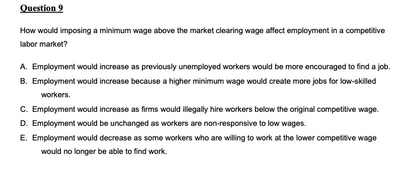 Question 9 How would imposing a minimum wage above the market