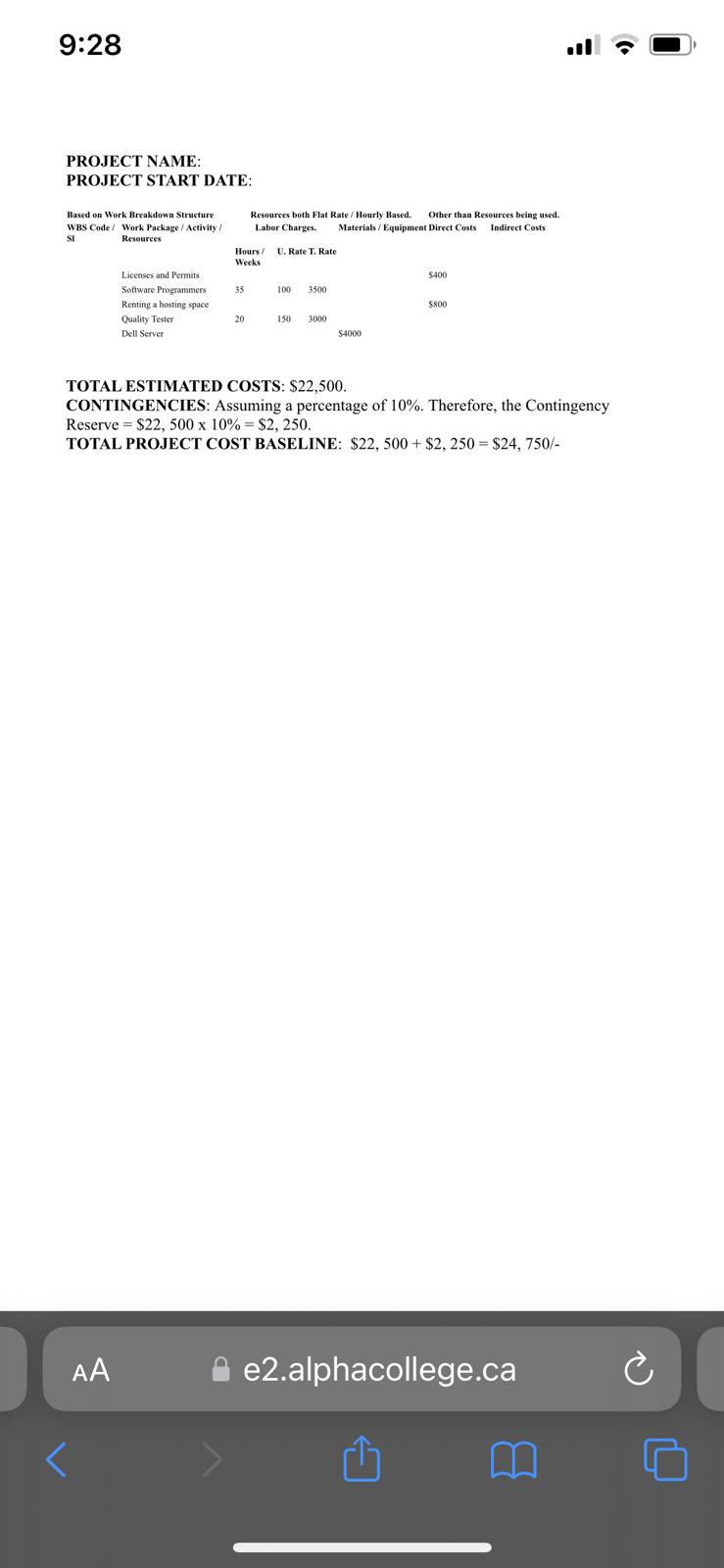 9:28 PROJECT NAME: PROJECT START DATE: Based on Work Breakdown Structure